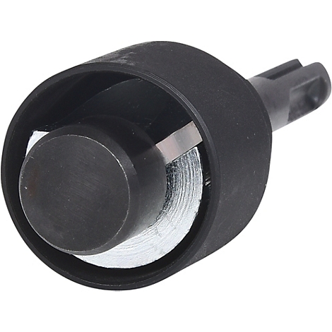 Schwarzes Metallteil, zylindrisch mit Metallplatte und Stift. Detailaufnahme.