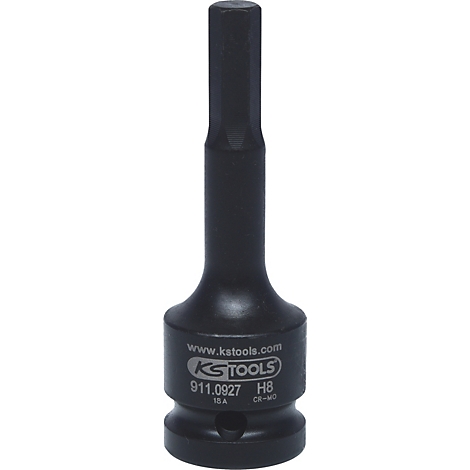 Schwarze Innensechskant-Stecknuss von KS TOOLS. Auf der Stecknuss stehen folgende Angaben: 911.0927 H8 CR-MO.