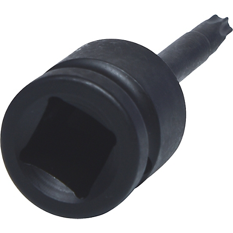 Nahaufnahme eines schwarzen Steckschlüssels mit Torx-Bit, der in einem quadratischen Sockel steckt.