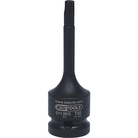 Schwarzer Werkzeugaufsatz von KS TOOLS. Der Aufsatz hat eine sechskantige Spitze und einen breiten Kopf mit Schriftzug.