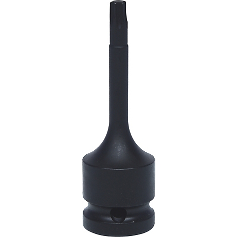 Schwarzer Bit-Aufsatz für einen Schraubenschlüssel, der auf weißem Hintergrund steht. Mit sternförmigem Kopf.