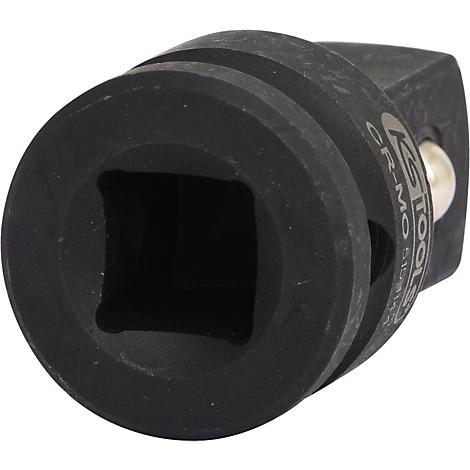 Schwarzer Gelenkadapter mit quadratischen Öffnungen. Silberne Kugel und Schriftzug. K-Tool.