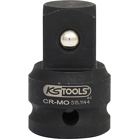 Ein schwarzes KS TOOLS Steckschlüssel-Adapterstück. Unten abgerundet, oben quadratisch, mit Kugel und Schriftzug.