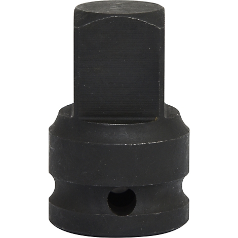 Schwarzer, metallischer Adapter für einen Schraubenschlüssel, zylindrisch mit quadratischem Aufsatz.