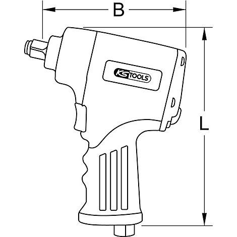 Eine schwarz-weiße Zeichnung eines Druckluftschraubers mit Bemaßungen. Auf dem Gehäuse ist das Logo von KS TOOLS zu sehen.