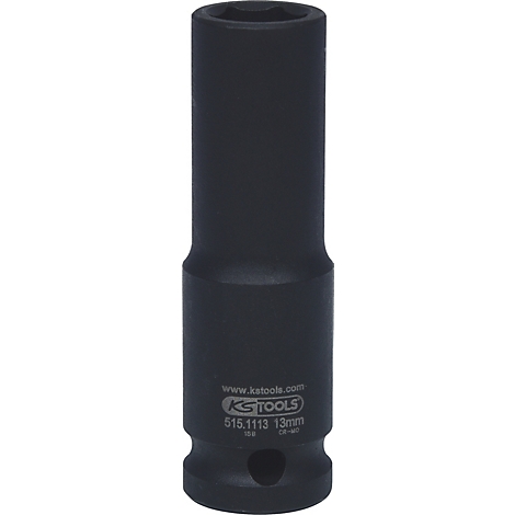 Ein schwarzer Steckschlüssel. Am unteren Ende ist ein kleines Loch und am oberen Ende eine Öffnung. Aufschrift: KS TOOLS.