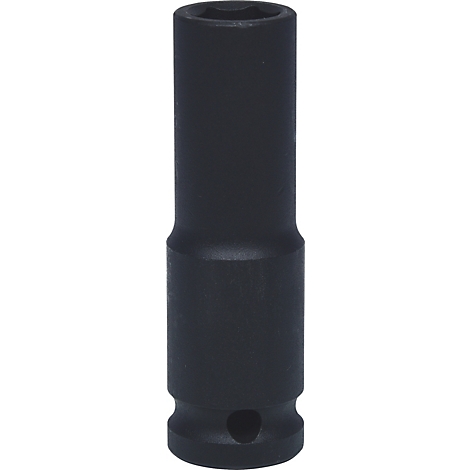 Schwarze Stecknuss mit sechseckiger Öffnung und Loch. Sie dient als Werkzeug zum Anziehen oder Lösen von Schrauben.