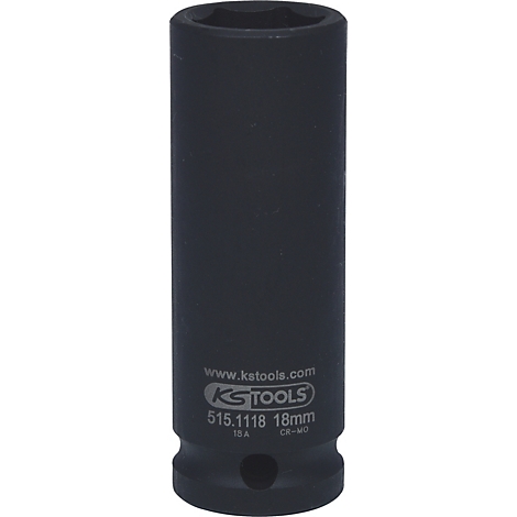 Schwarze Steckschlüssel-Nuss mit sechsseitigem Loch. Aufschrift: KS TOOLS, 515.1118 18mm, www.kstools.com.