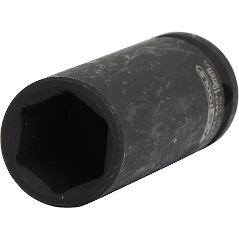 Schwarze Sechskant-Stecknuss, Detailaufnahme. Der Schriftzug „19mm“ ist zu erkennen.