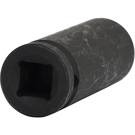 Schwarze Steckschlüssel-Nuss, zylindrisch mit quadratischer Öffnung.
