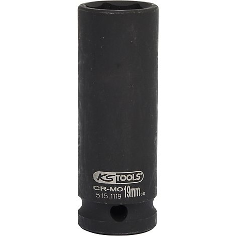Schwarze Steckschlüssel-Nuss, mit KS TOOLS Logo und Beschriftung.