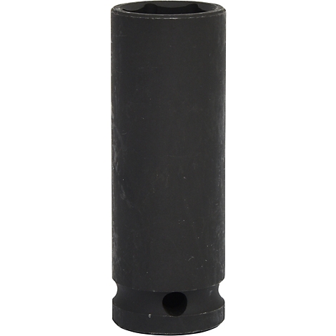 Dunkelgraue Sechskant-Stecknuss für Schrauben. Oben und unten abgeschrägt, mit einem Loch an der Unterseite.