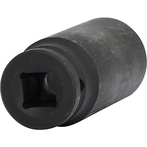 Schwarzer, zylindrischer Steckschlüsseleinsatz mit quadratischer Innenaufnahme.