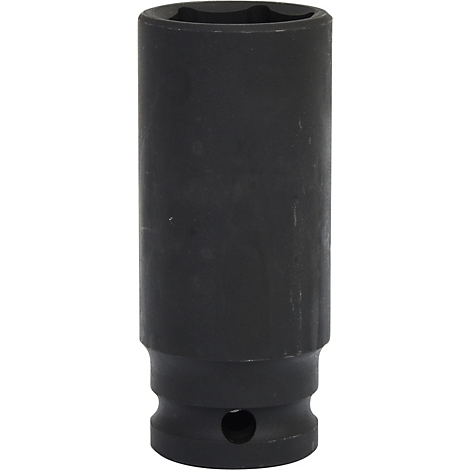 Dunkelschwarze Steckschlüssel-Nuss mit sechseckiger Öffnung und kleinem Loch am unteren Ende.