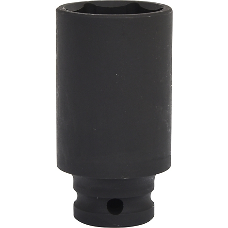Schwarze Steckschlüsseleinsatz, zylindrisch mit sechseckiger Öffnung, steht auf weißem Hintergrund.