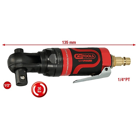 Eine Druckluft-Ratsche, schwarz-rot, mit Abmessungen, Hersteller KS Tools und Leistungsangaben.