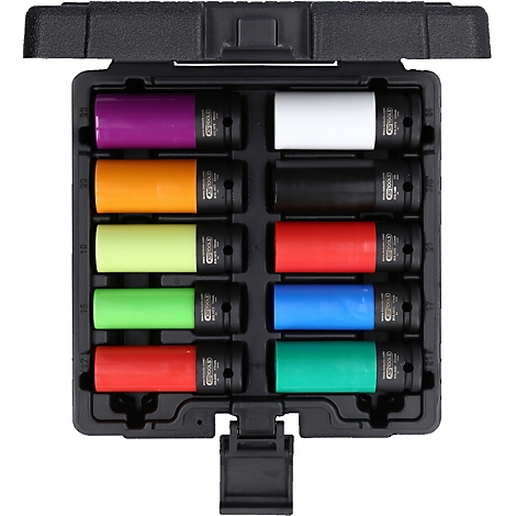 Eine Auswahl bunter Steckschlüssel in einem schwarzen Kasten. Farben: Violett, Orange, Gelb, Grün, Rot, Blau, Grün, Schwarz, Weiß.