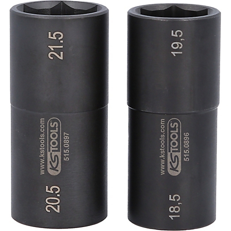 Zwei schwarze Steckschlüsseleinsätze. Links steht „21.5“ und „20.5“, rechts „19,5“ und „18,5“. Das Logo von KSTOOLS ist zu sehen.