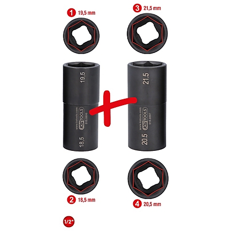 Schwarze Steckschlüssel mit Größenangaben und roter Kennzeichnung. 19,5 mm, 21,5 mm, 18,5 mm und 20,5 mm.
