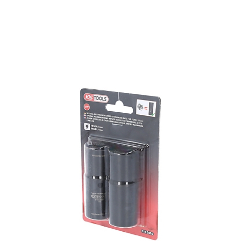 KS Tools Spezial-Zündkerzen-Einsatz für Ford. Zwei schwarze Zündkerzen-Einsätze in Verpackung.
