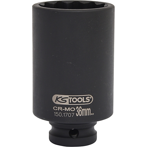 Schwarze Stecknuss mit 12-Kant-Profil. Aufschrift: KS TOOLS, CR-MO, 36mm.