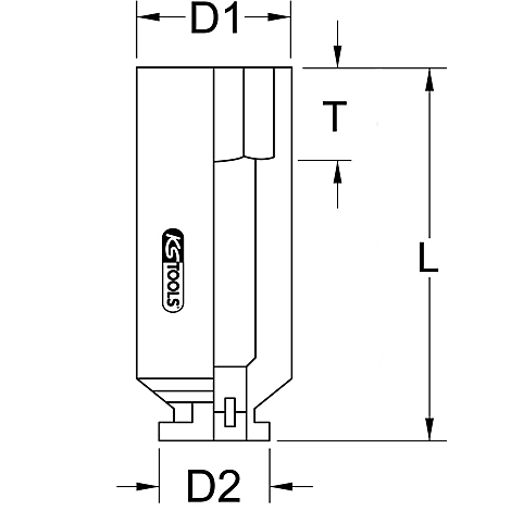 Eine schematische Seitenansicht eines Werkzeugs mit den Beschriftungen D1, D2, T und L. Das KS TOOLS Logo ist erkennbar.