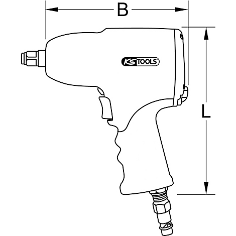 Schwarz-weiß Illustration eines Druckluftschraubers mit den Kennzeichnungen B und L.