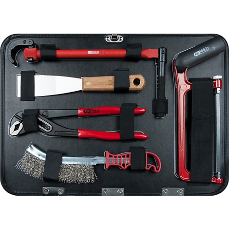 Werkzeugkoffer mit rotem und schwarzem Werkzeug: Rohrzange, Schraubendreher, Spachtel, etc.