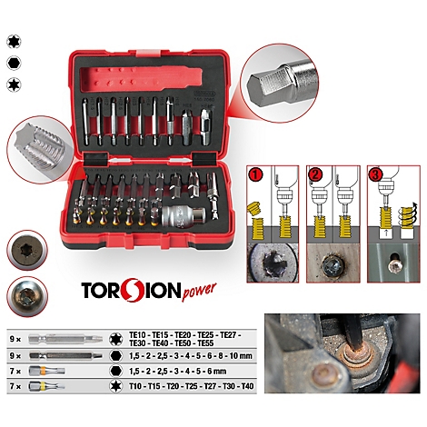 Ein Werkzeugkoffer mit verschiedenen Schraubaufsätzen, darunter Torx und Sechskant. Inklusive Anwendungsbeispielen und Größenangaben.