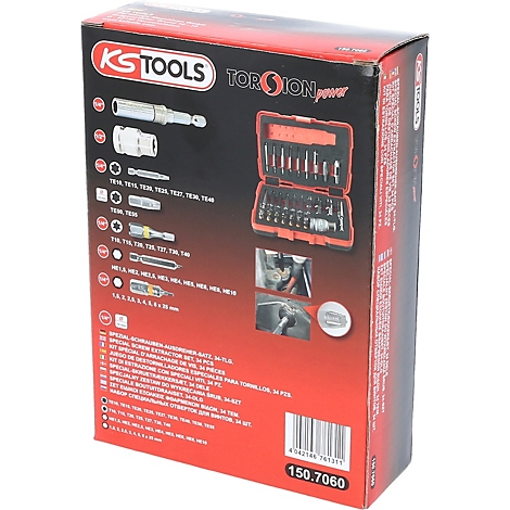 Eine rote Werkzeugbox mit KS Tools Logo. Sie enthält Schraubwerkzeuge, geordnet. Auf der Box Text: Torqion Power.
