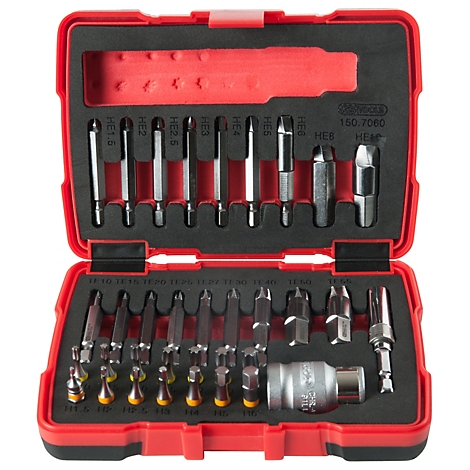 Werkzeugkasten mit Schraubendreher-Bits in roter Box. Die einzelnen Bits sind in schwarzem Schaumstoff eingebettet.