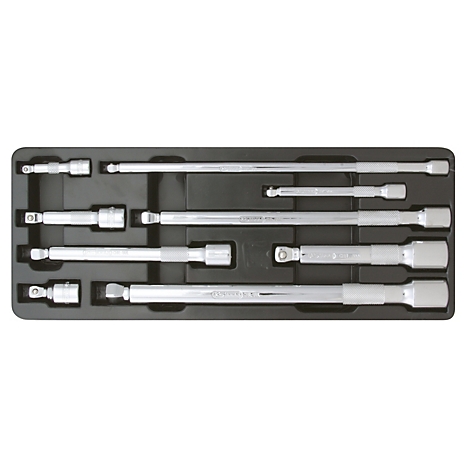 Ein Set von Werkzeugverlängerungen, angeordnet in einer schwarzen Kunststoffform, Chromfarben. 