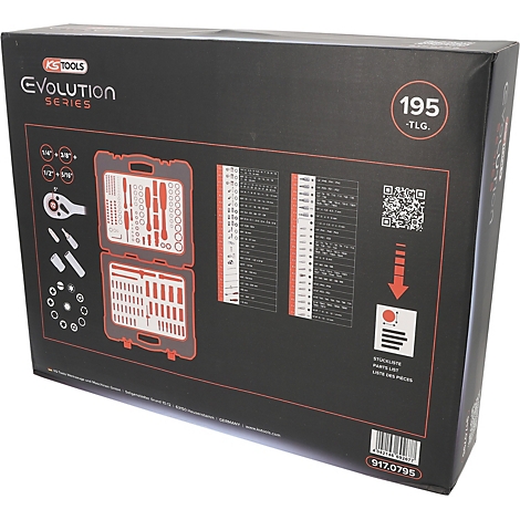 Schwarzer Werkzeugkoffer mit rotem Innenleben. Aufschrift: "KS TOOLS EVOLUTION SERIES 195 TLG."