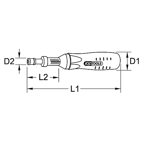 Ein Schraubendreher mit KS TOOLS-Logo, Längen- und Breitenangaben (D1, D2, L1, L2).