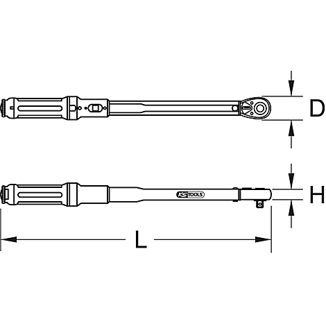 Zwei Ansichten eines Drehmomentschlüssels. Oben: Draufsicht; unten: Seitenansicht. Maße D, H und L.