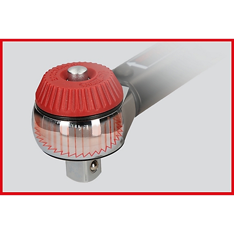 Detailaufnahme einer roten und silberfarbenen Knarre, die von einer grauen Umgebung umgeben ist.