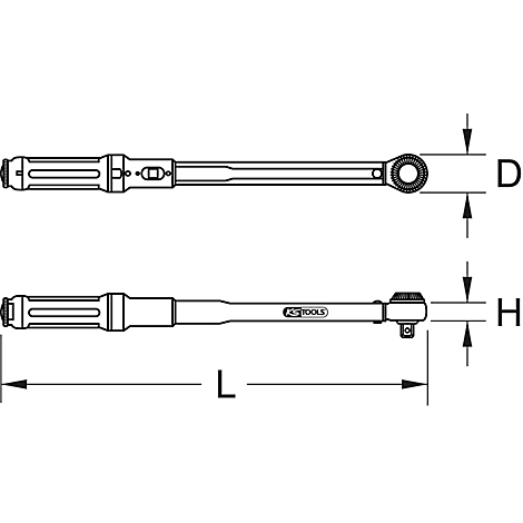 Zwei Ansichten eines Drehmomentschlüssels in Schwarz-Weiß. Die Abmessungen D, H und L sind angegeben.