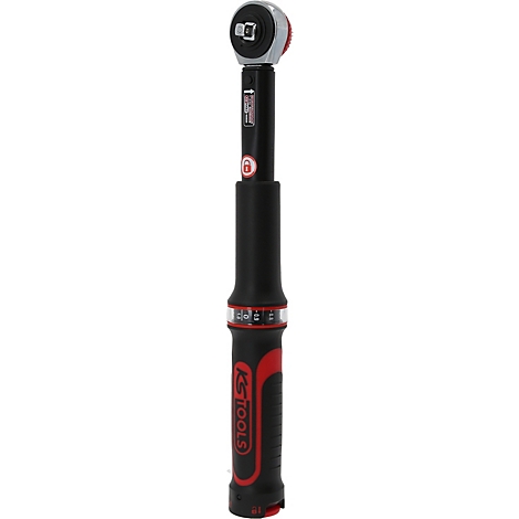 Drehmomentschlüssel, schwarz-rot, mit silbernem Kopf.