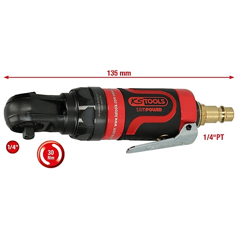 Eine KS Tools Slimpower Druckluft-Ratschenschrauber. Schwarz-rot, mit 1/4" und 30 Nm Angaben. Die Länge beträgt 135 mm.