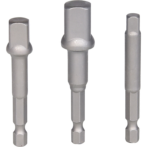 Drei metallische Schraubbits in verschiedenen Größen und Formen, vor weißem Hintergrund abgebildet.