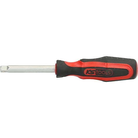 Schraubendreher mit rotem und schwarzem Griff und silberfarbenem Schaft, KS TOOLS Logo.