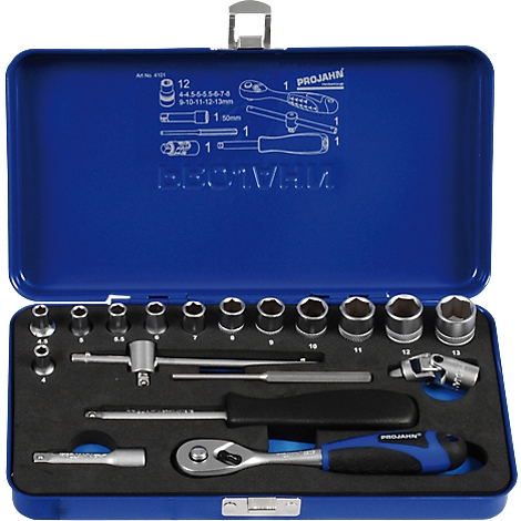 Blue toolbox, open. Contains various tools, such as wrenches and sockets. On the lid there is the lettering: PROJAHN.