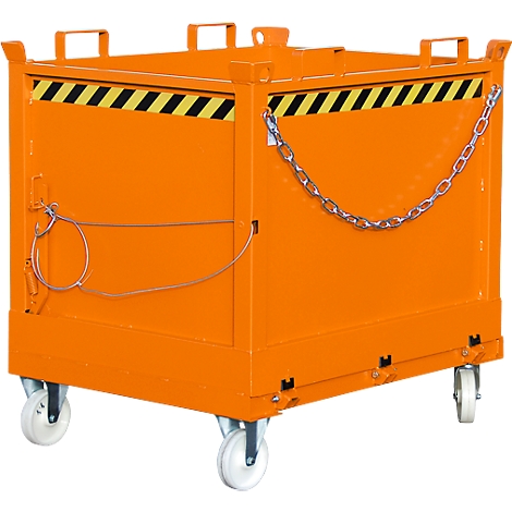 Caja de transporte naranja con ruedas, cadena y franjas de advertencia.