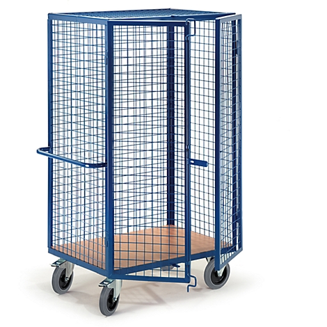 Blue mesh cart with open wooden floor, casters and handle, against a white background.