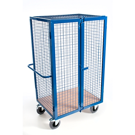 Blue transport cart with mesh sides, wooden floor and wheels. The cart has a handle and two doors.