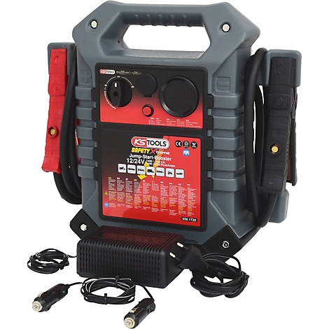 Graues KS TOOLS Starthilfegerät mit roten Klemmen und rotem Bedienfeld. Aufschrift "SAFETY Xtreme Jump-Start-Booster".