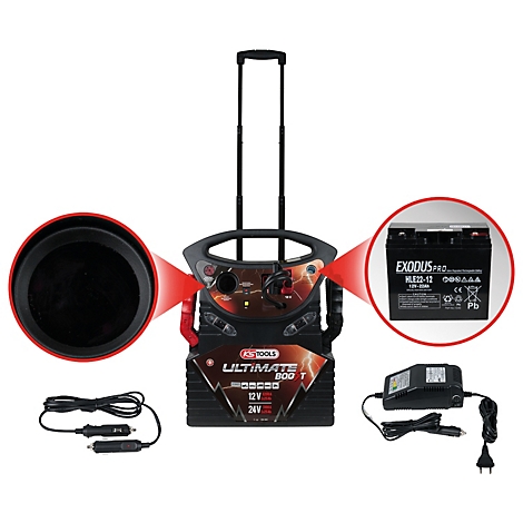 Batterie-Ladegerät mit Details wie Batterie, Kabel und Stromanschluss. Rot hervorgehobene Detailansichten zeigen wichtige Komponenten.