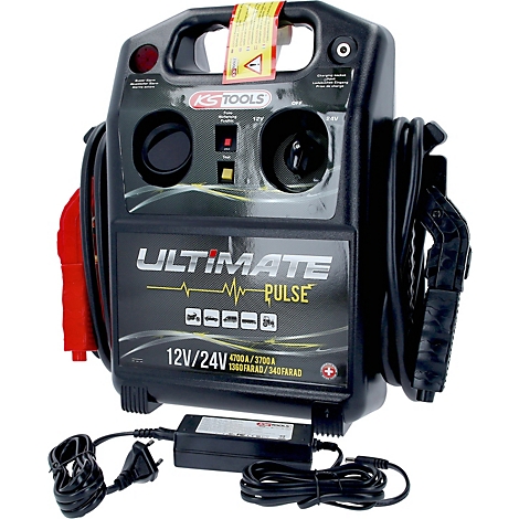 Schwarzes Starthilfegerät mit rotem und schwarzem Kabel, Aufschrift "ULTIMATE PULSE" und "KS TOOLS".