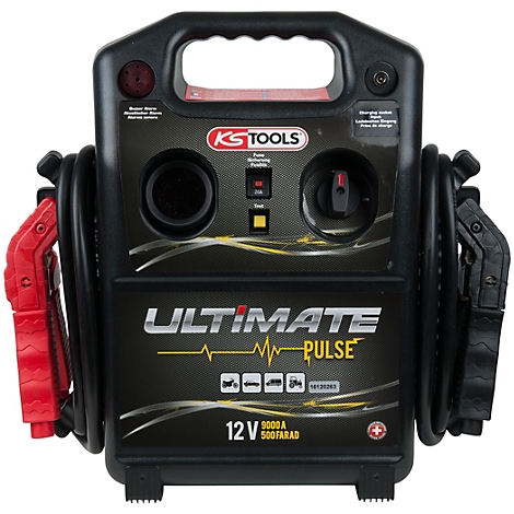 Schwarzes Starthilfegerät mit Griff, roten und schwarzen Kabeln. Aufschrift "ULTIMATE PULSE" und "KS TOOLS".