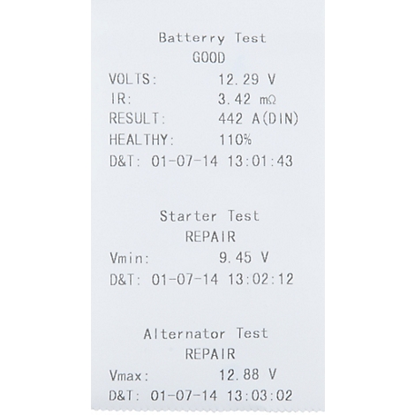 Auszug eines Batterietests mit Messwerten und Ergebnissen, darunter Spannung, Widerstand und Gesundheitszustand.